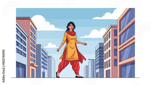 Vector illustration of an Indian woman in salwar kameez walking through a modern city street, showing confidence, everyday urban life, and traditional fashion in a contemporary lifestyle setting