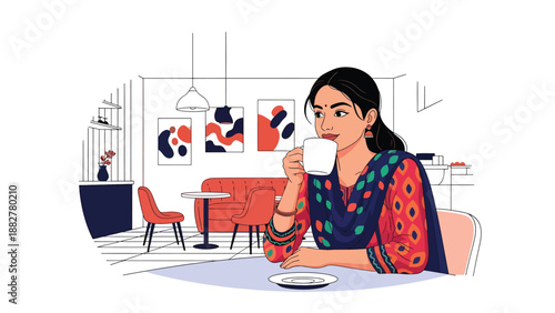 Vector illustration of an Indian woman wearing a kurti enjoying coffee at a modern café, combining traditional clothing with relaxed urban lifestyle and contemporary social culture