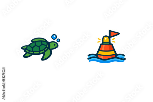 Turtle swimming near a buoy with a light