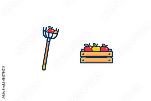 Rake and basket of apples