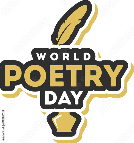 World Poetry Day Sticker Style Icon with Yellow Quill Pen and Inkwell - March 21
