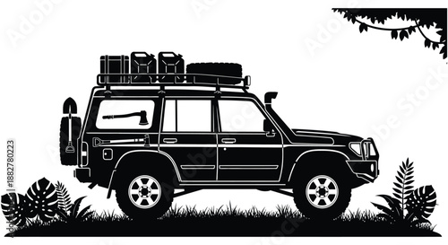 a striking black and white illustration showcasing a rugged off road vehicle with luggage atop set against a backdrop of lush foliage silhouette