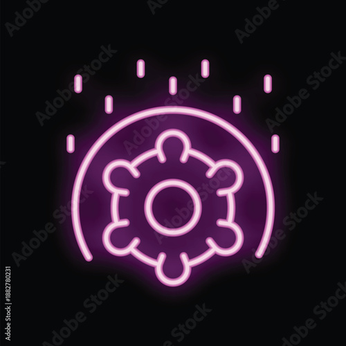 Neon pink virus icon glowing on dark background representing concept of viral infection