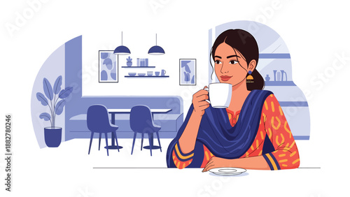 Vector illustration of an Indian woman wearing a kurti enjoying coffee at a modern café, combining traditional clothing with relaxed urban lifestyle and contemporary social culture