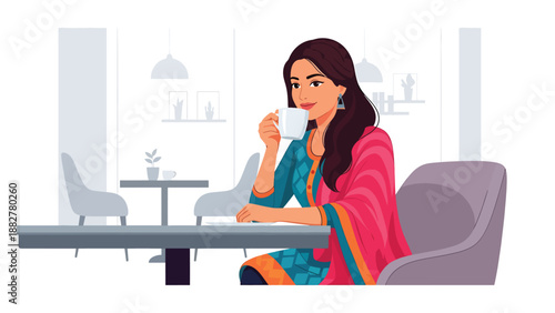 Vector illustration of an Indian woman wearing a kurti enjoying coffee at a modern café, combining traditional clothing with relaxed urban lifestyle and contemporary social culture