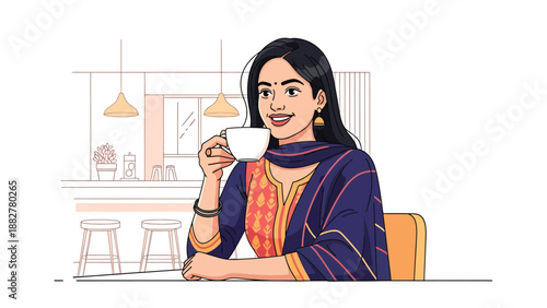 Vector illustration of an Indian woman wearing a kurti enjoying coffee at a modern café, combining traditional clothing with relaxed urban lifestyle and contemporary social culture