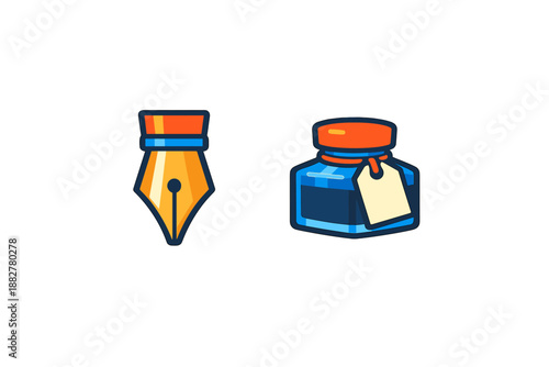 Fountain pen nib and ink bottle icon set