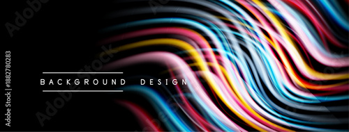 Abstract colorful waves flow across black background. Dynamic lines create modern design element. Bright hues offer visual interest.