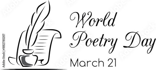 World Poetry Day Black and White Line Art Illustration with Scroll, Inkwell and Quill Pen