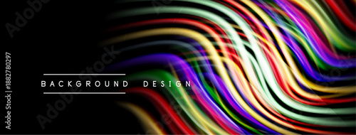 Abstract colorful waves flow across black background. Dynamic lines create modern design element. Bright hues offer visual impact.