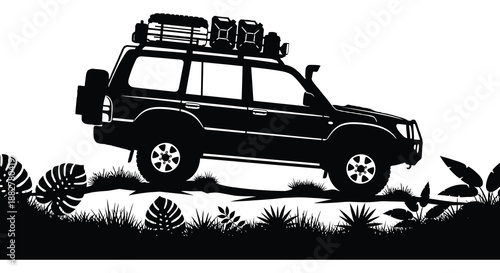 a striking black and white illustration depicting an off road vehicle with luggage atop set against a backdrop of grass and stylized foliage silhouette