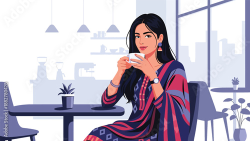Vector illustration of an Indian woman wearing a kurti enjoying coffee at a modern café, combining traditional clothing with relaxed urban lifestyle and contemporary social culture