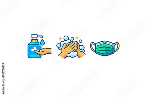 Hygiene and Safety Icons: Hand Sanitizer, Washing Hands, Face Mask