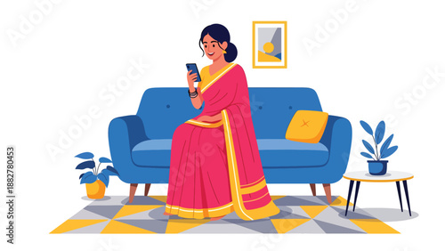 Vector illustration of an Indian woman in a saree using a smartphone for online shopping, highlighting digital lifestyle, technology adoption, and traditional fashion in modern daily life