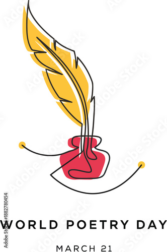 Modern World Poetry Day Line Art Design with Yellow Quill and Red Inkwell - March 21