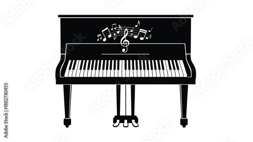 a black grand piano with musical notes depicted as a striking silhouette