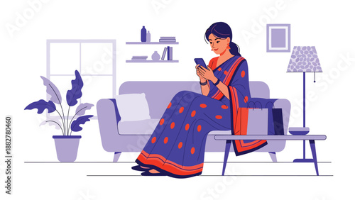 Vector illustration of an Indian woman in a saree using a smartphone for online shopping, highlighting digital lifestyle, technology adoption, and traditional fashion in modern daily life