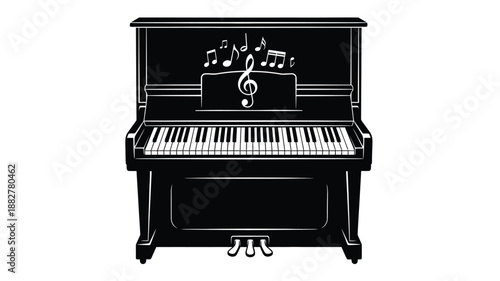 a black and white piano with musical notes depicted as a striking silhouette