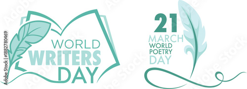 World Writers Day and World Poetry Day Teal Graphic Design Set with Stylized Quills and Books