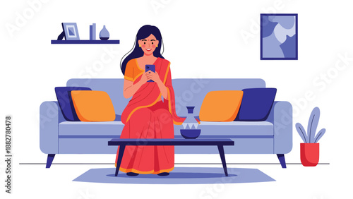 Vector illustration of an Indian woman in a saree using a smartphone for online shopping, highlighting digital lifestyle, technology adoption, and traditional fashion in modern daily life