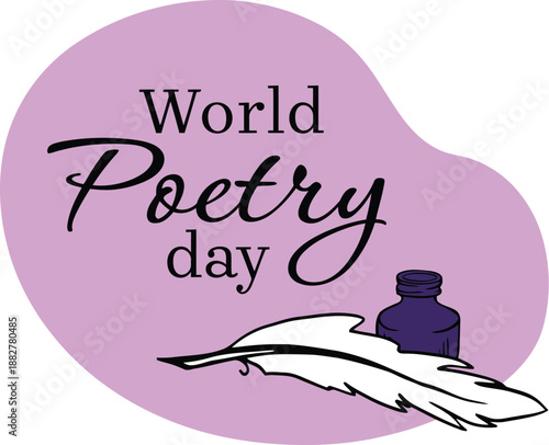 World Poetry Day Illustration with Feather Pen, Inkwell and Soft Purple Background Blob