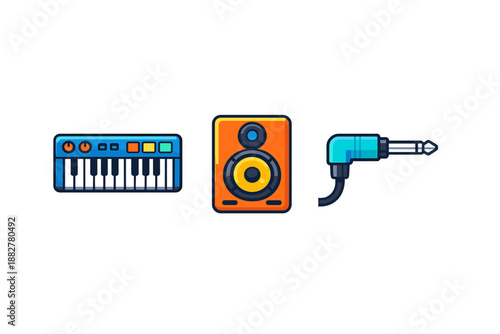 Music production icons: synthesizer, speaker, audio jack