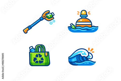 Ocean pollution and cleanup icons