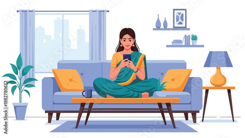 Vector illustration of an Indian woman in a saree using a smartphone for online shopping, highlighting digital lifestyle, technology adoption, and traditional fashion in modern daily life