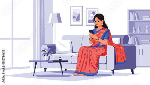 Vector illustration of an Indian woman in a saree using a smartphone for online shopping, highlighting digital lifestyle, technology adoption, and traditional fashion in modern daily life