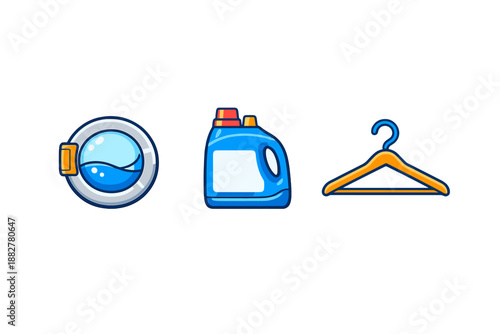Laundry icons: washing machine, detergent, and hanger