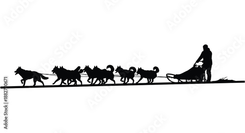 a striking illustration depicts a dog sled team and their musher presented in a monochromatic black against a stark white background silhouette