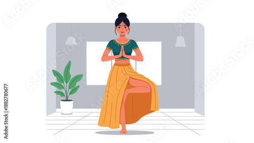 Vector illustration of an Indian woman in traditional attire practicing yoga in a modern indoor space, symbolizing wellness, balance, and cultural identity in a contemporary lifestyle