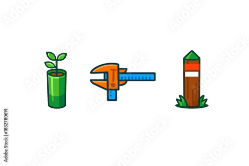 Three icons: plant in pot, calipers, and tree stump