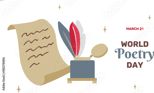 World Poetry Day Celebration Graphic with Old Scroll, Colorful Quills in Inkwell and Stars