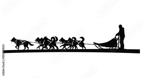 a striking black and white depiction showcasing a dog sled team and musher traversing a snowy landscape rendered as a dramatic silhouette