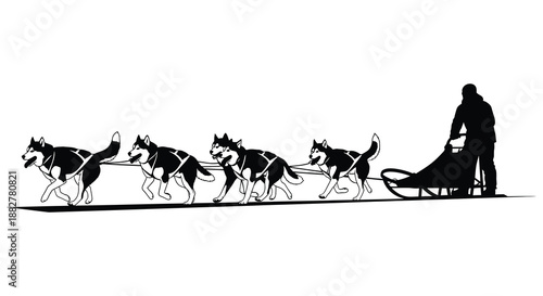 a striking illustration depicts a musher guiding a team of huskies pulling a sled across a snowy landscape rendered as a detailed silhouette