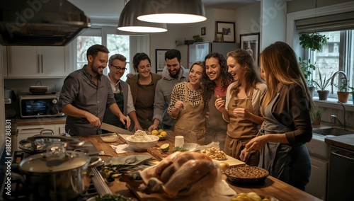 Group Cooking Together in Kitchen
