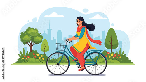 Vector illustration of an Indian woman in salwar kameez riding a bicycle in a city park, representing healthy urban lifestyle and traditional fashion in modern outdoor activities