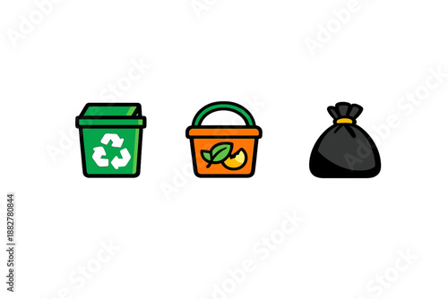 Recycling bin, compost bin, and trash bag icons