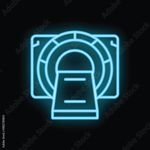 Glowing neon icon of a ct scan machine, representing advanced medical imaging technology