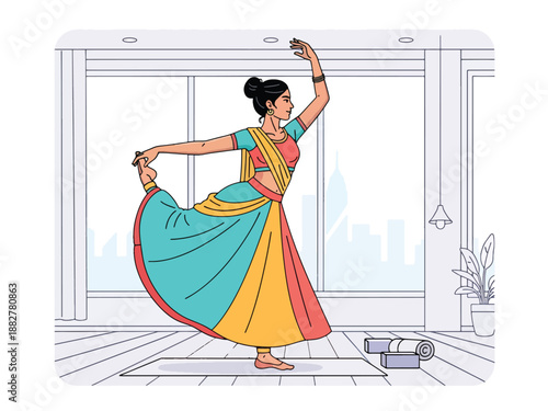 Vector illustration of an Indian woman in traditional attire practicing yoga in a modern indoor space, symbolizing wellness, balance, and cultural identity in a contemporary lifestyle