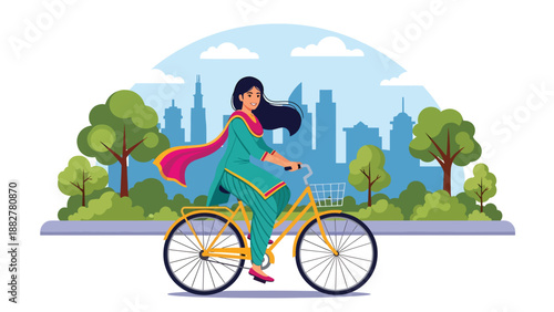 Vector illustration of an Indian woman in salwar kameez riding a bicycle in a city park, representing healthy urban lifestyle and traditional fashion in modern outdoor activities
