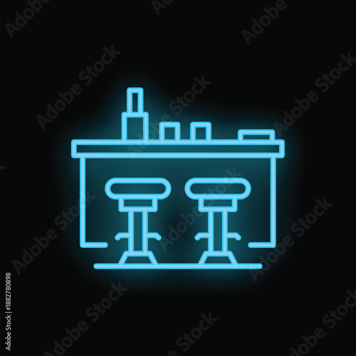 Minimalist blue neon icon depicting a bar counter with stools and alcohol bottles on top