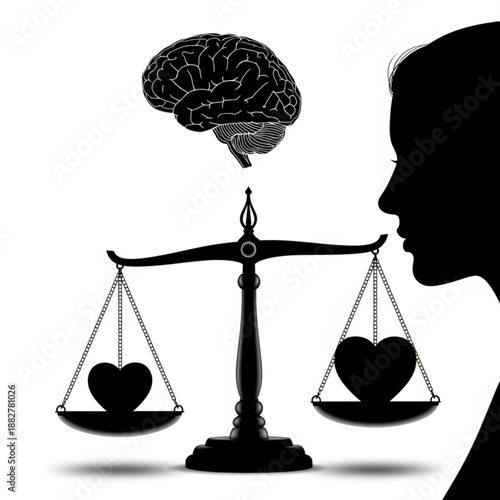 A person's brain weighs heart and emotions on a scale, balancing rationality and feelings in a thoughtful contemplation