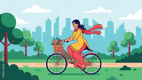Vector illustration of an Indian woman in salwar kameez riding a bicycle in a city park, representing healthy urban lifestyle and traditional fashion in modern outdoor activities