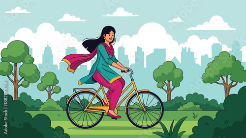 Vector illustration of an Indian woman in salwar kameez riding a bicycle in a city park, representing healthy urban lifestyle and traditional fashion in modern outdoor activities