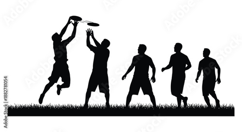 a dynamic black and white image depicts several people playing frisbee showcasing athletic action and joyful outdoor recreation silhouette high quality