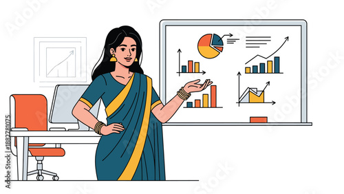 Vector illustration of an Indian woman wearing a saree giving a business presentation, symbolizing leadership, professionalism, and cultural diversity in a modern corporate environment