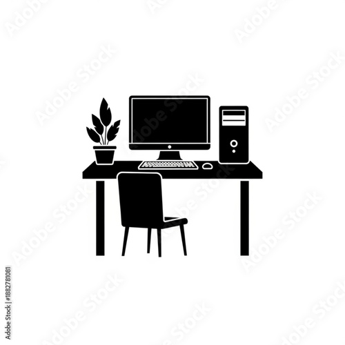 Modern office desk setup with computer, plant, and chair, viewed from the front, showcasing a workspace.