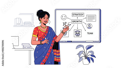 Vector illustration of an Indian woman wearing a saree giving a business presentation, symbolizing leadership, professionalism, and cultural diversity in a modern corporate environment